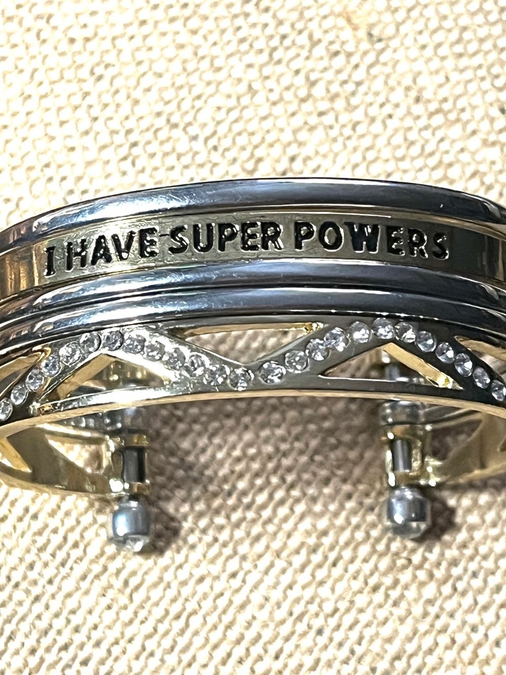 I HAVE SUPER POWERS Two-Tone Gold Silver Crystal Accent Stackable Look Bracelet